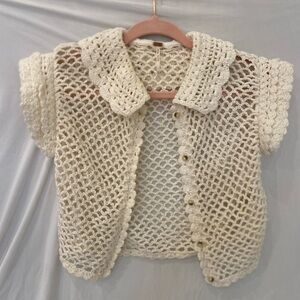 Free People lily Crochet tip button up short sleeve NWOT XS cream